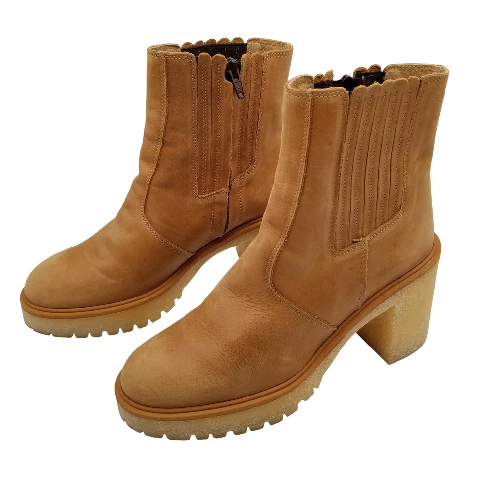 Free People Ankle Boots Womens 40 9.5 Tan Leather Platform Lug Sole Block Heel